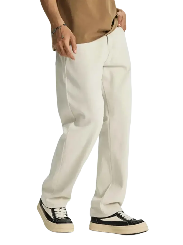 Men’s wide leg jeans in relaxed cream denim with straight leg design