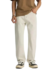 Men’s beige wide leg jeans with black and white sneakers, relaxed fit leg jeans style