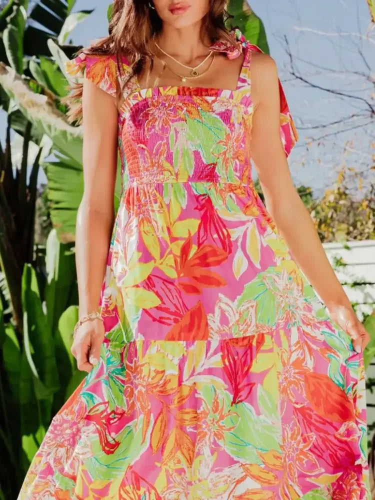 Tropical Print Tie Shoulder Maxi Dress