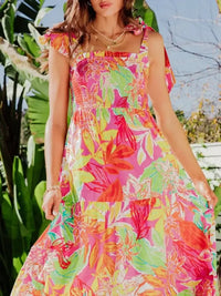 Tropical Print Tie Shoulder Maxi Dress