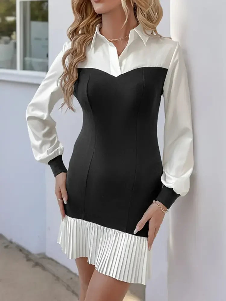 Two Tone Pleated Long Sleeve Shirt Dress