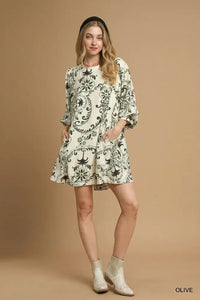 Umgee Boho Printed Balloon Sleeve Mini Dress