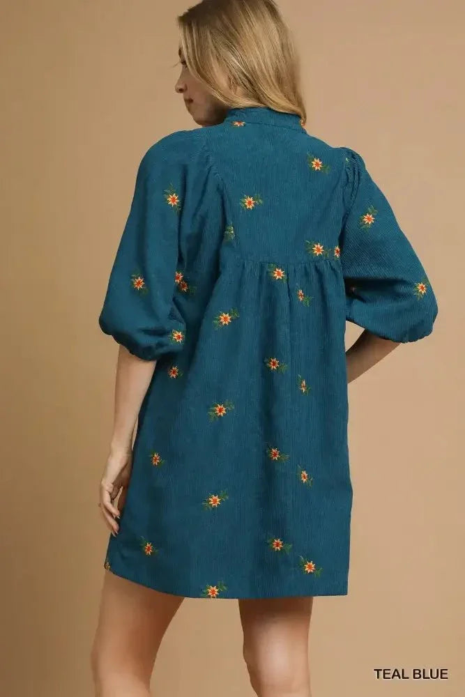 Umgee Corduroy Babydoll Dress with Floral Embroidery - Update AvenueCasual DressesTrendsi100100647025410100100647025410Umgee Corduroy Babydoll Dress with Floral EmbroideryTEAL BLUE