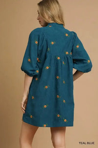 Umgee Corduroy Babydoll Dress with Floral Embroidery - Update AvenueCasual DressesTrendsi100100647025410100100647025410Umgee Corduroy Babydoll Dress with Floral EmbroideryTEAL BLUE