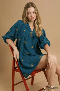 Umgee Corduroy Babydoll Dress with Floral Embroidery - Update AvenueCasual DressesTrendsi100100647025410100100647025410Umgee Corduroy Babydoll Dress with Floral EmbroideryTEAL BLUE