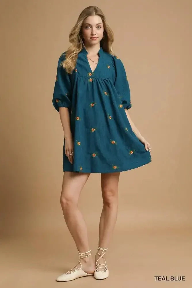 Umgee Corduroy Babydoll Dress with Floral Embroidery - Update AvenueCasual DressesTrendsi100100647025410100100647025410Umgee Corduroy Babydoll Dress with Floral EmbroideryTEAL BLUE