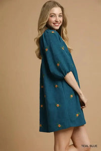 Umgee Corduroy Babydoll Dress with Floral Embroidery - Update AvenueCasual DressesTrendsi100100647025410100100647025410Umgee Corduroy Babydoll Dress with Floral EmbroideryTEAL BLUE