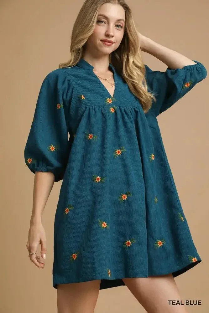 Umgee Corduroy Babydoll Dress with Floral Embroidery - Update AvenueCasual DressesTrendsi100100647025410100100647025410Umgee Corduroy Babydoll Dress with Floral EmbroideryTEAL BLUE