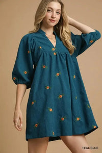 Umgee Corduroy Babydoll Dress with Floral Embroidery - Update AvenueCasual DressesTrendsi100100647025410100100647025410Umgee Corduroy Babydoll Dress with Floral EmbroideryTEAL BLUE