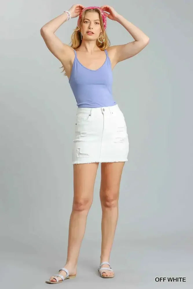 Umgee Distressed Raw Hem High Waist Denim Skirt