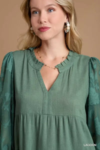 Umgee Floral Contrast Sleeve Tiered Dress