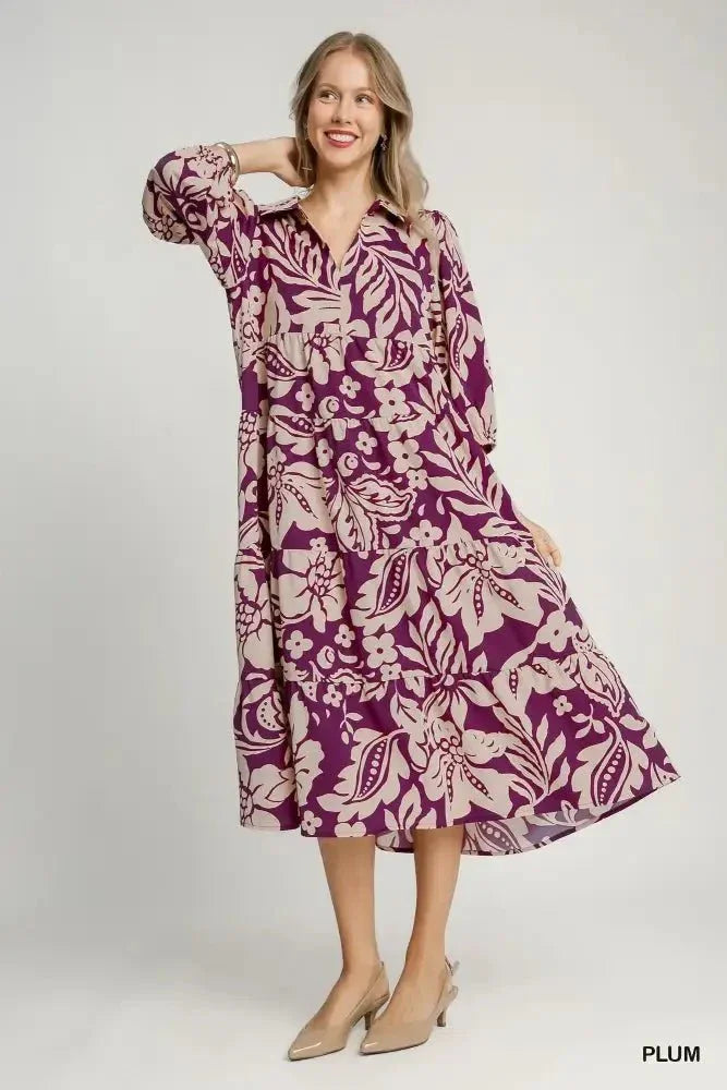 Umgee Floral Print Tiered Midi Dress - Update AvenueCasual DressesTrendsi100100564961041100100564961041Umgee Floral Print Tiered Midi DressPLUM