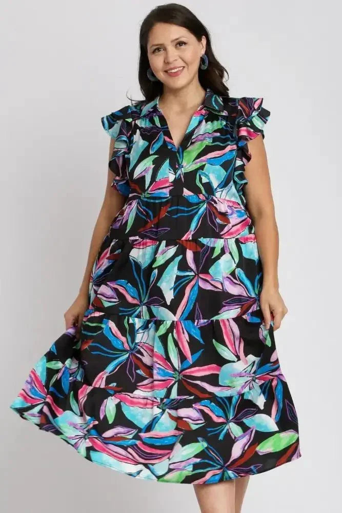 Umgee Full Size Leaf Print Double Layered Ruffle Sleeve Tiered Midi Dress Plus Size - Update AvenueVacation StyleTrendsi10010052962169510010052962169592a1dc16 - 4b84 - 4f59 - a6d5 - da1869233e9b - MaxBLACKMIX