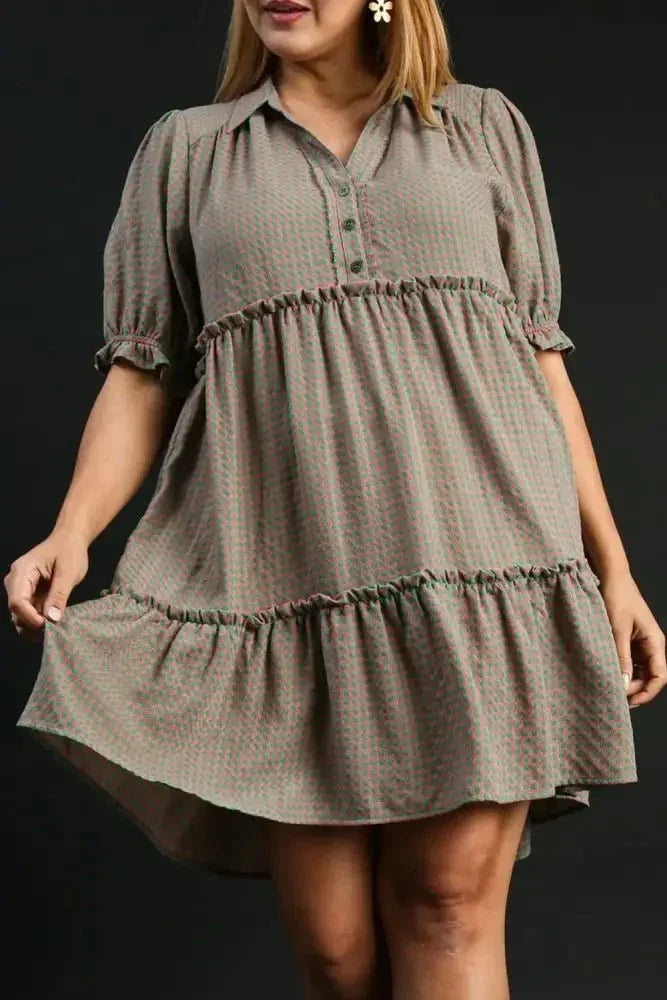 Umgee Full Size Plaid Frill Button Detail Ruffled Short Sleeve Dress Plus Size - Update AvenueTrendsi100100755511021100100755511021a88195dc - 6d39 - 4b2d - a76a - 36756c9d3151 - MaxGREEN/PINK
