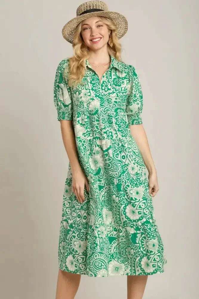 Umgee Full Size Printed Smocked Cuff Puff Sleeve Midi Dress Plus Size - Update AvenueVacation StyleTrendsi100100620171147100100620171147bf9b8014 - 88d5 - 4905 - 87f7 - aa22b40583ce - MaxGreen