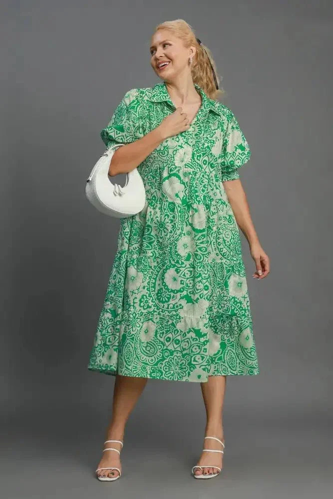 Umgee Full Size Printed Smocked Cuff Puff Sleeve Midi Dress Plus Size - Update AvenueVacation StyleTrendsi10010062017114710010062017114741de70cd - 95c7 - 4152 - 9e25 - 9a1ffad06aca - MaxGreen