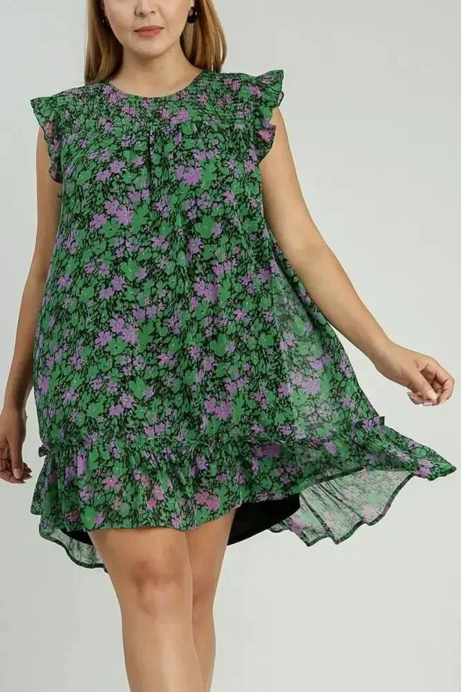 Umgee Full Size Smocked Detail Floral Metallic Ruffle Cap Sleeve Dress Plus Size - Update AvenueVacation StyleTrendsi10010036909164310010036909164321da37c5 - f0a0 - 45d9 - 8e81 - 6d8bdc69ee54 - MaxDark Green
