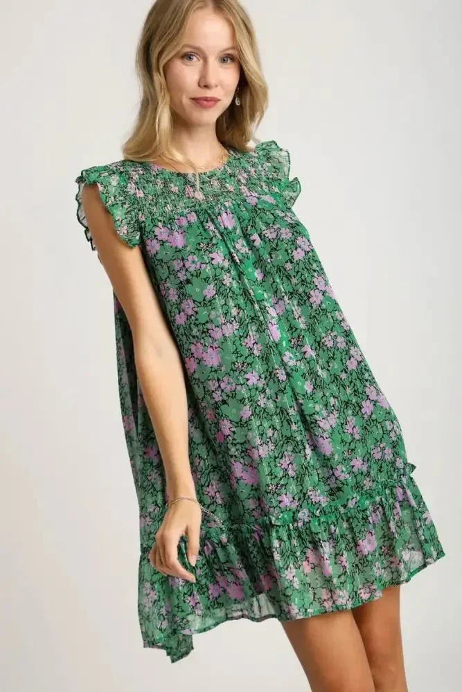 Umgee Full Size Smocked Detail Floral Metallic Ruffle Cap Sleeve Dress Plus Size - Update AvenueVacation StyleTrendsi100100369091643100100369091643dab3e552 - 0f3c - 43ec - ba3a - 0d1b0ebd6402 - MaxDark Green
