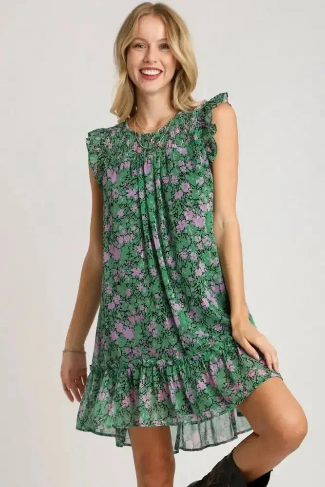 Umgee Full Size Smocked Detail Floral Metallic Ruffle Cap Sleeve Dress Plus Size - Update AvenueVacation StyleTrendsi1001003690916431001003690916432d6fb829 - 11e7 - 4767 - 8755 - d9dec107e2fa - MaxDark Green