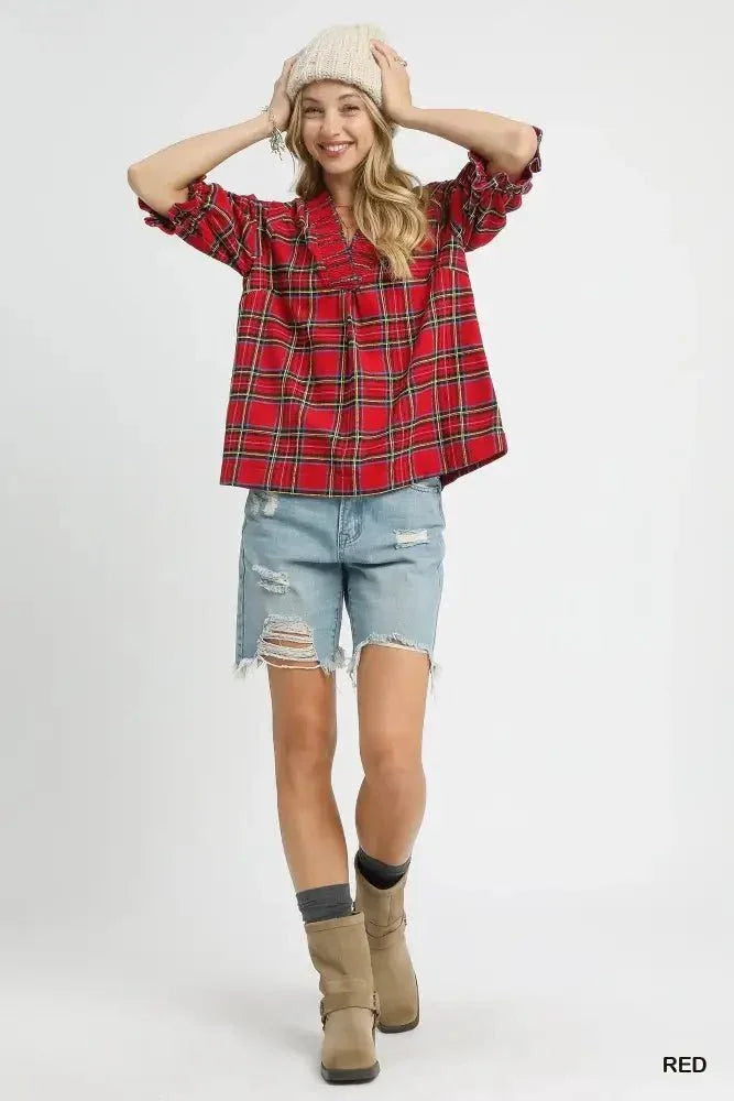 Umgee Plaid Smocked V - Neck Flannel Top - Update AvenueTrendsi100100913201967100100913201967ef257699 - 4972 - 4af6 - a4cd - 018957526d1a - Max - OriginRed