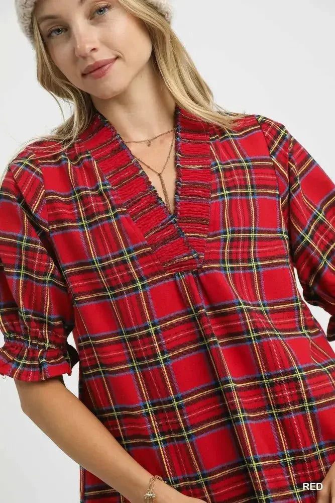Umgee Plaid Smocked V - Neck Flannel Top - Update AvenueTrendsi100100913201967100100913201967bd5baee7 - 3d99 - 4422 - 8e28 - c9be43f4ce1f - Max - OriginRed