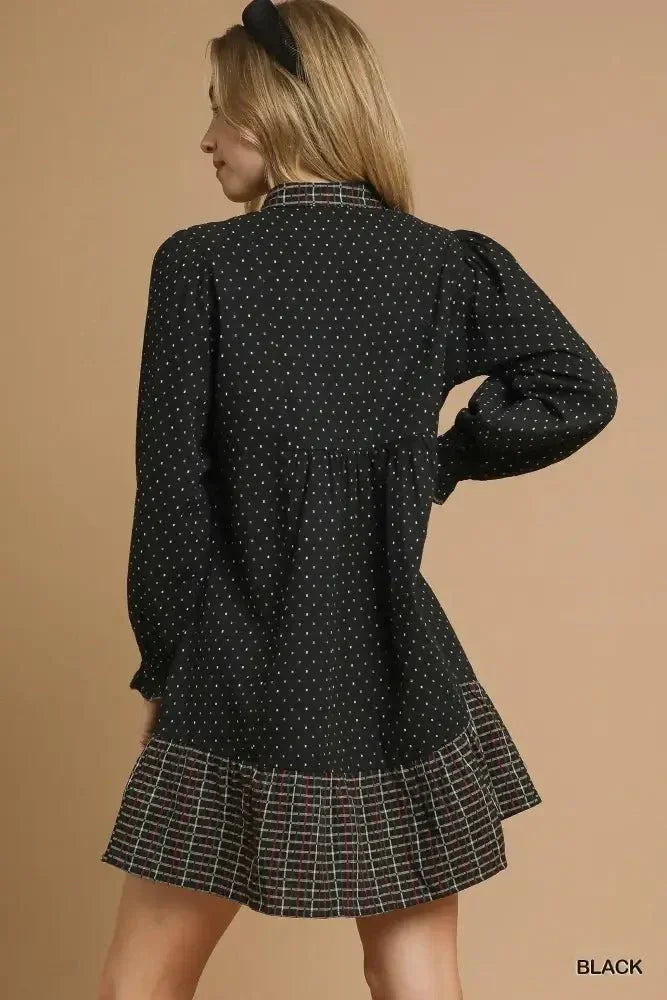 Umgee Polka Dot Plaid Trim Babydoll Dress - Update AvenueCasual DressesTrendsi100100599471633100100599471633Umgee Polka Dot Plaid Trim Babydoll DressBlack