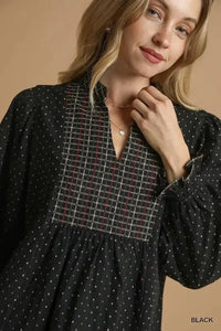 Umgee Polka Dot Plaid Trim Babydoll Dress - Update AvenueCasual DressesTrendsi100100599471633100100599471633Umgee Polka Dot Plaid Trim Babydoll DressBlack