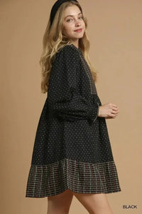 Umgee Polka Dot Plaid Trim Babydoll Dress - Update AvenueCasual DressesTrendsi100100599471633100100599471633Umgee Polka Dot Plaid Trim Babydoll DressBlack