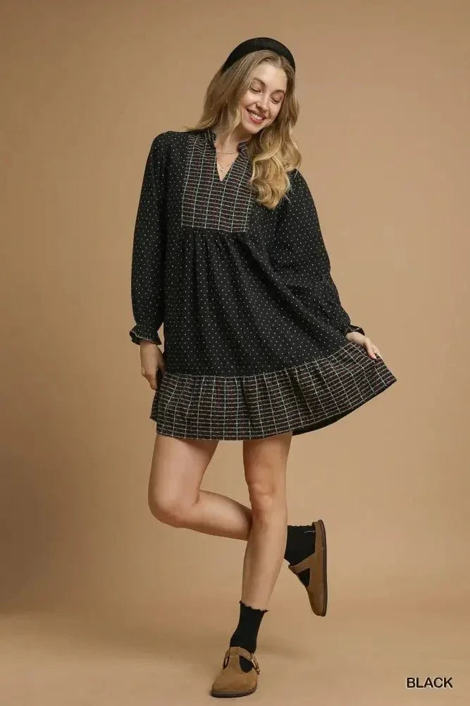 Umgee Polka Dot Plaid Trim Babydoll Dress - Update AvenueCasual DressesTrendsi100100599471633100100599471633Umgee Polka Dot Plaid Trim Babydoll DressBlack
