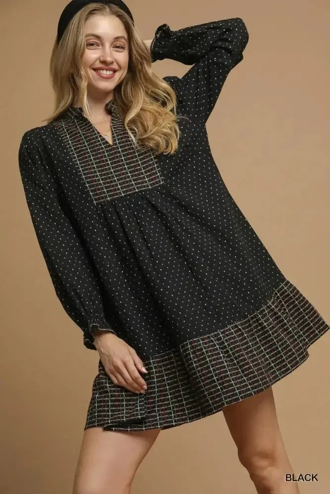 Umgee Polka Dot Plaid Trim Babydoll Dress - Update AvenueCasual DressesTrendsi100100599471633100100599471633Umgee Polka Dot Plaid Trim Babydoll DressBlack