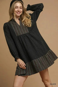 Umgee Polka Dot Plaid Trim Babydoll Dress - Update AvenueCasual DressesTrendsi100100599471633100100599471633Umgee Polka Dot Plaid Trim Babydoll DressBlack
