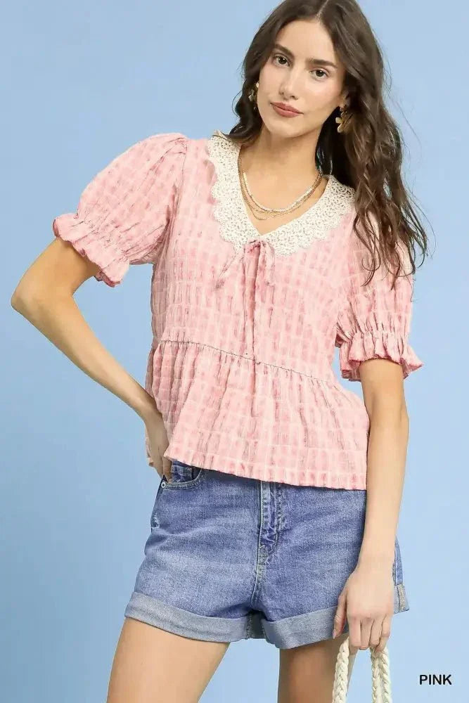 Umgee Short Sleeve Gingham Lace Peplum Blouse - Update AvenueTrendsi100100580091089100100580091089534b17f0 - 319a - 4629 - 8b67 - 51b7587e7d12 - Max - OriginPink