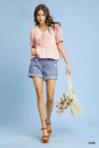 Umgee Short Sleeve Gingham Lace Peplum Blouse - Update AvenueTrendsi1001005800910891001005800910894e7ff1c9 - 103a - 4289 - b1ed - a11deb4a07e1 - Max - OriginPink
