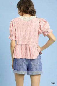 Umgee Short Sleeve Gingham Lace Peplum Blouse - Update AvenueTrendsi100100580091089100100580091089349a2dd7 - 101d - 4e14 - 8068 - b284b92211e4 - Max - OriginPink