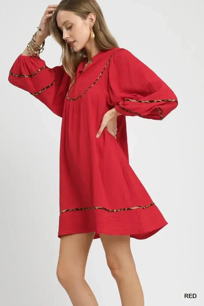 Umgee Textured Babydoll Dress with Leopard Trim - Update AvenueCasual DressesTrendsi100100071491402100100071491402Umgee Textured Babydoll Dress with Leopard TrimRed