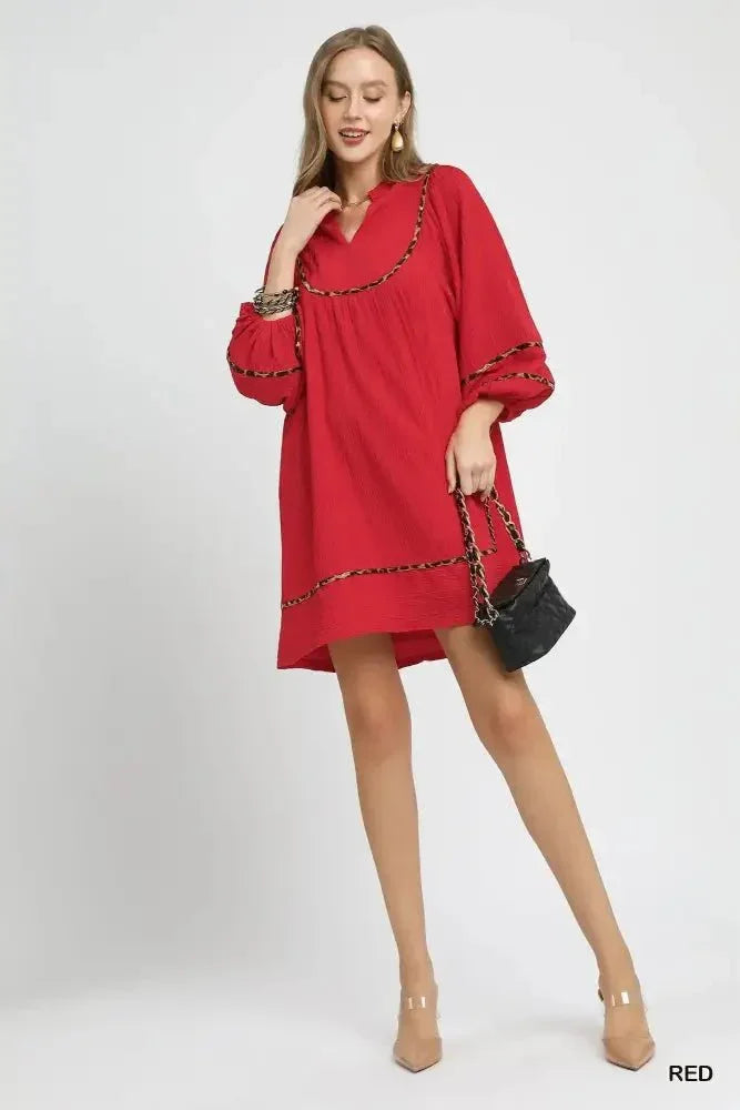 Umgee Textured Babydoll Dress with Leopard Trim - Update AvenueCasual DressesTrendsi100100071491402100100071491402Umgee Textured Babydoll Dress with Leopard TrimRed