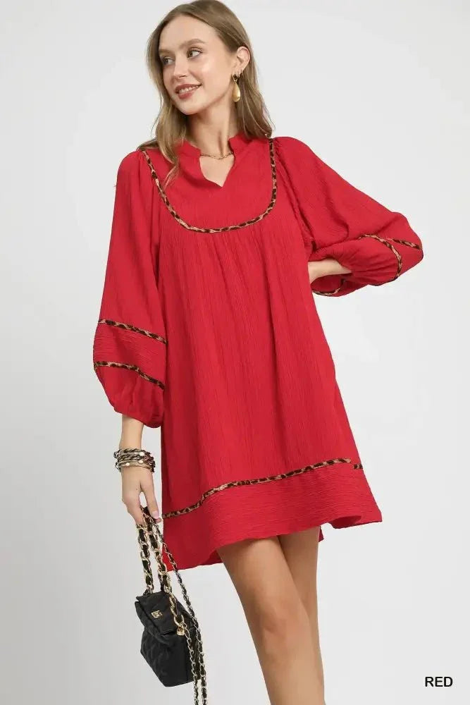 Umgee Textured Babydoll Dress with Leopard Trim - Update AvenueCasual DressesTrendsi100100071491402100100071491402Umgee Textured Babydoll Dress with Leopard TrimRed
