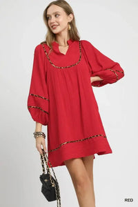 Umgee Textured Babydoll Dress with Leopard Trim - Update AvenueCasual DressesTrendsi100100071491402100100071491402Umgee Textured Babydoll Dress with Leopard TrimRed