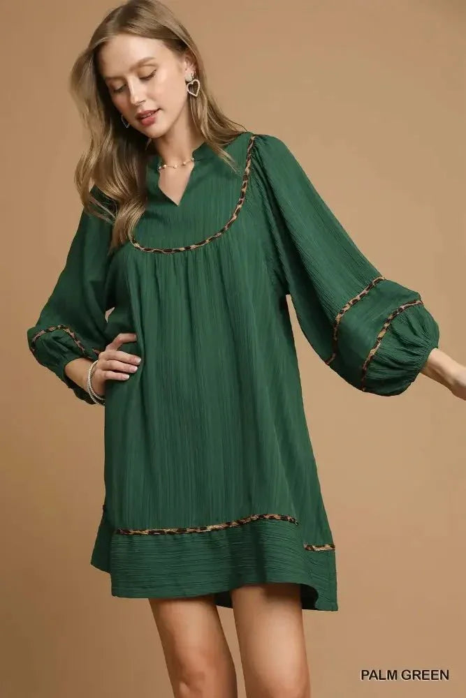 Umgee Textured Babydoll Dress with Leopard Trim - Update AvenueCasual DressesTrendsi100100242031616100100242031616Umgee Textured Babydoll Dress with Leopard TrimPALM GREEN
