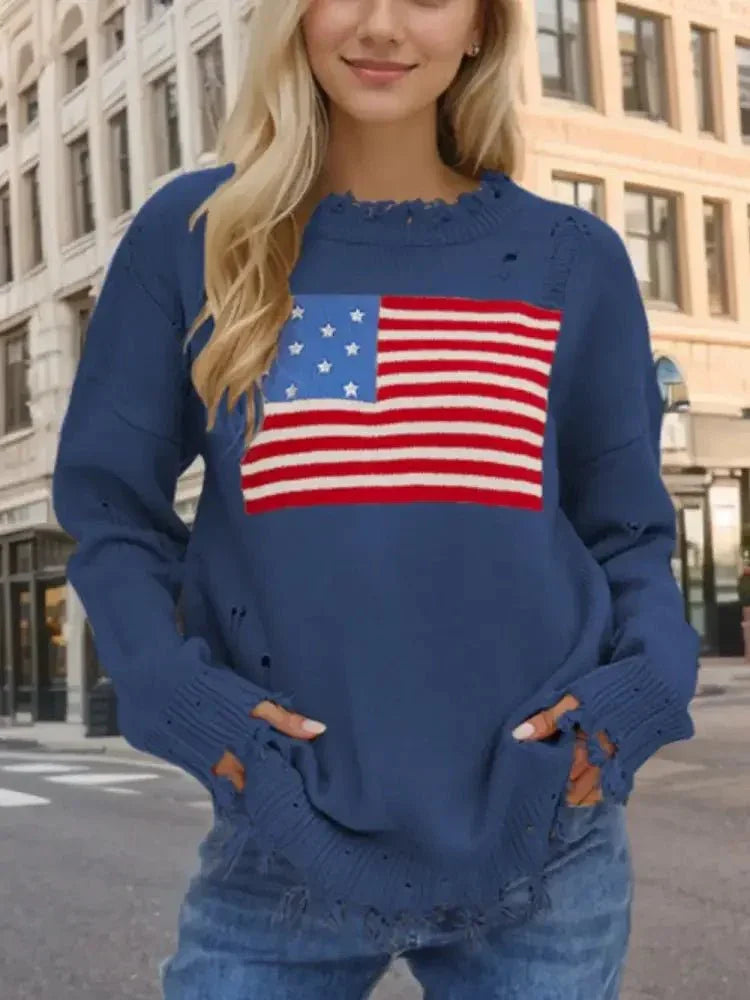 US Flag Distressed Round Neck Long Sleeve Sweater - Update AvenueHonor the Stars and StripesTrendsi100100575715302100100575715302b57f5ae1 - 52f2 - 45ba - b94b - 7e0716df4977 - MaxFrench Blue