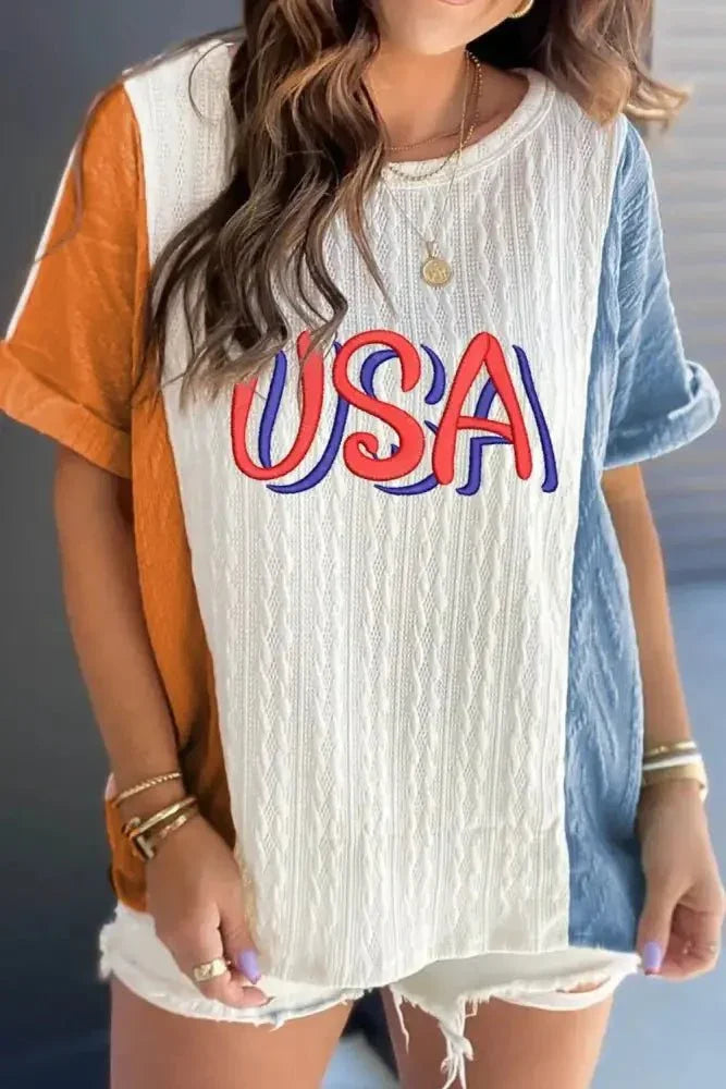 USA Embroidered Cable Textured Knit Cuffed Sleeve Color Block Tee - Update AvenueT-ShirtsTrendsi100100617299260100100617299260deb3f6ad - db9f - 4a49 - 9caa - 06af20080185 - Max - OriginWhite