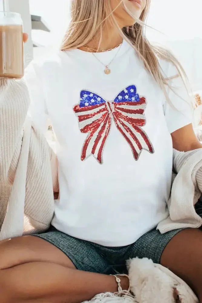 USA Flag Bow Knot Patched Crew Neck T Shirt - Update AvenueT-ShirtsTrendsi100100312985679100100312985679269f6e63 - 96b0 - 4a31 - 98bf - d25e1276208e - Max - OriginWhite