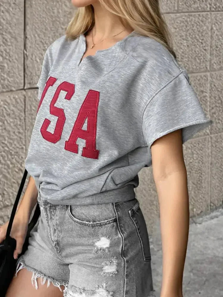 USA Lettering Patch Notched Neck T-Shirt - Update AvenueT-ShirtsTrendsi100100774291626100100774291626cf00aec828674970ba4990f9cf7f62cd - Max - OriginGray