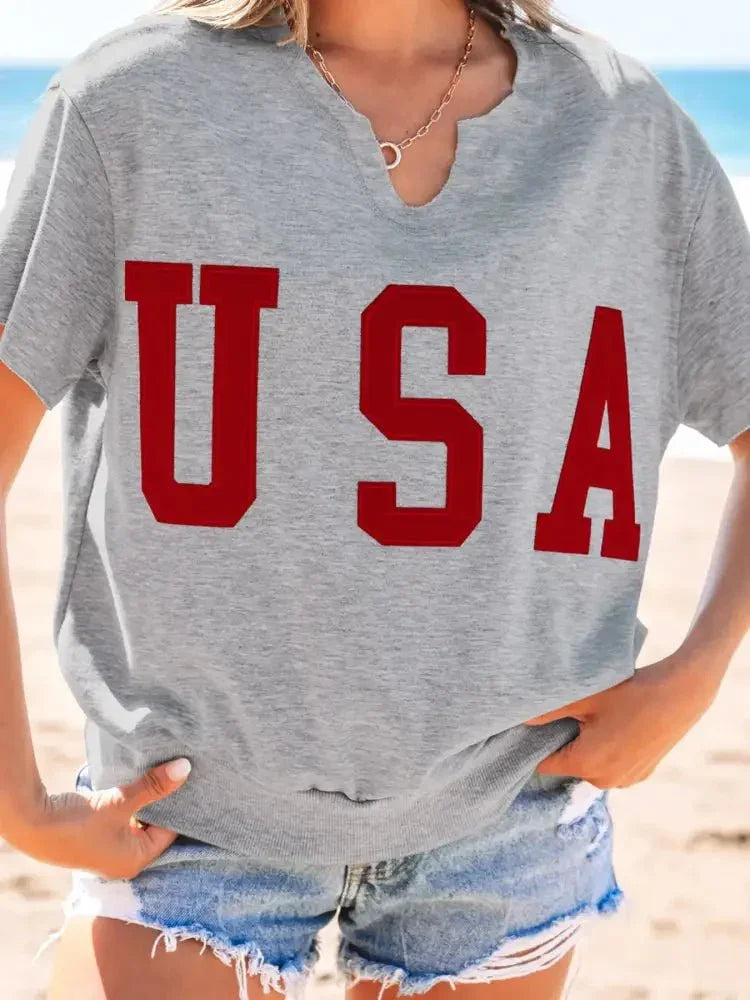 USA Lettering Patch Notched Neck T-Shirt - Update AvenueT-ShirtsTrendsi100100774291626100100774291626efa3f6e93b51469f8891e1d314d85dac - Max - OriginGray