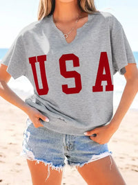 USA Lettering Patch Notched Neck T-Shirt - Update AvenueT-ShirtsTrendsi100100774291626100100774291626c134cb7c59aa4b9d897c3149acdbc28f - Max - OriginGray