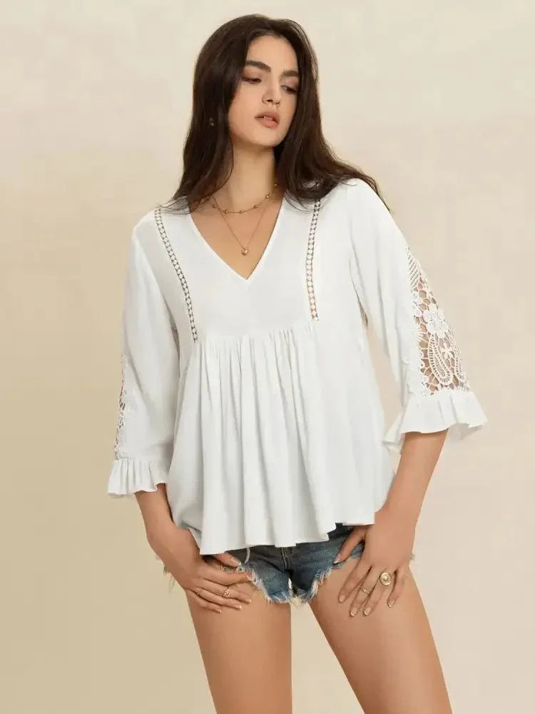V - Neck Lace Flounce Sleeve Top - Update AvenueT-ShirtsTrendsi1001000629416491001000629416498a7fe619 - 4493 - 49d6 - b201 - 1d5df4de73b9 - Max - OriginWhite