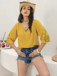 V - Neck Lace Three - Quarter Sleeve Top - Update AvenueT-ShirtsTrendsi1001004824910231001004824910236191c7ed - 49f2 - 4654 - a1fc - e28e2a7f82db - Max - OriginMustard