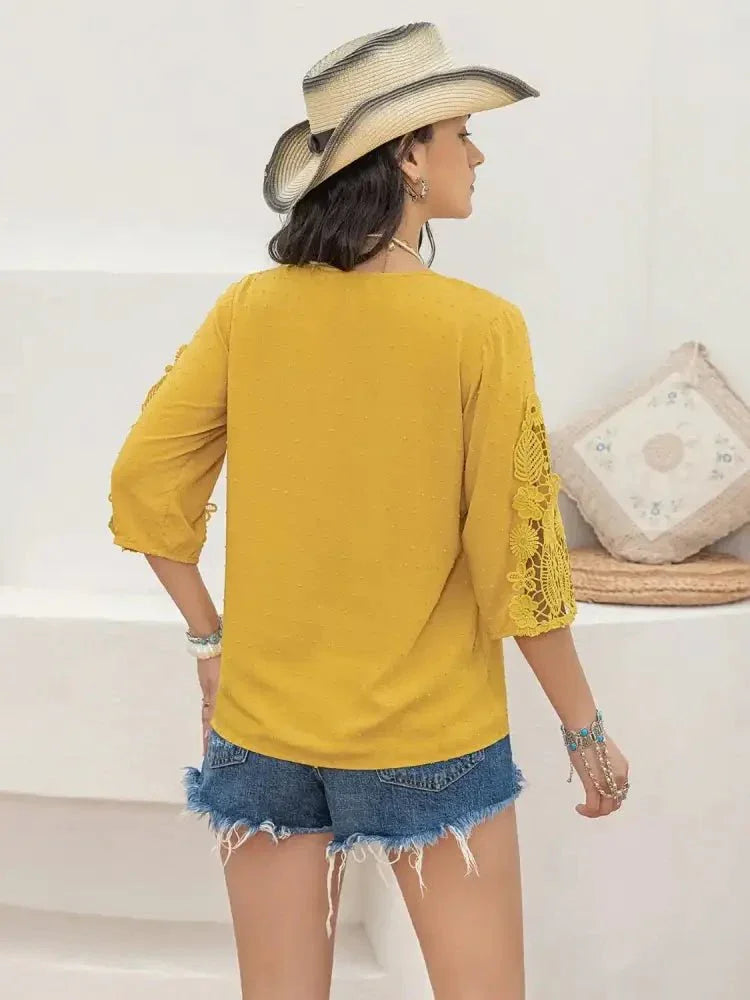 V - Neck Lace Three - Quarter Sleeve Top - Update AvenueT-ShirtsTrendsi10010048249102310010048249102357c64459 - 6019 - 4680 - a21e - 4684e70dc780 - Max - OriginMustard