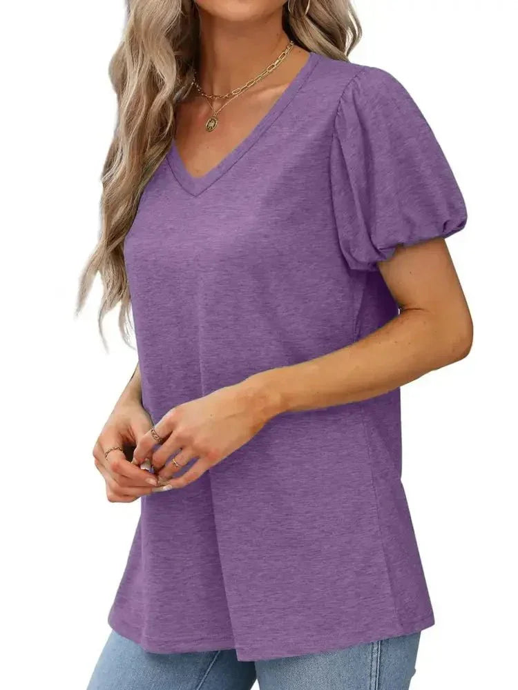 V - Neck Puff Sleeve Casual T-Shirt - Update AvenueT-ShirtsTrendsi1001008209246871001008209246871b41dd388e0d4a0e85076cd2ebde5f6b - Max - OriginLake Blue