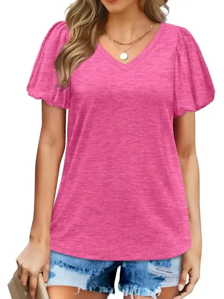 V - Neck Puff Sleeve Casual T-Shirt - Update AvenueT-ShirtsTrendsi1001008209248251001008209248255cff812f811746d1af2f172f3a01fd6d - Max - OriginRose Red